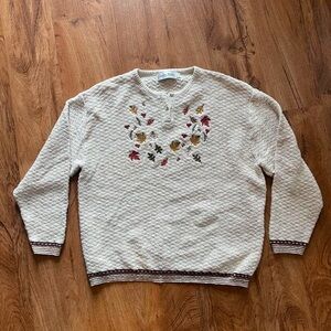 Classic Blues Vintage Knit Sweater with Embroidered leaves